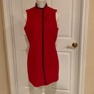 Chico’s Sz 0 tunic length, boiled wool vest.  Bright red with black trim